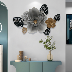 Wall Décor in Silver, Gold & Black Metal of Flowers & Leaves