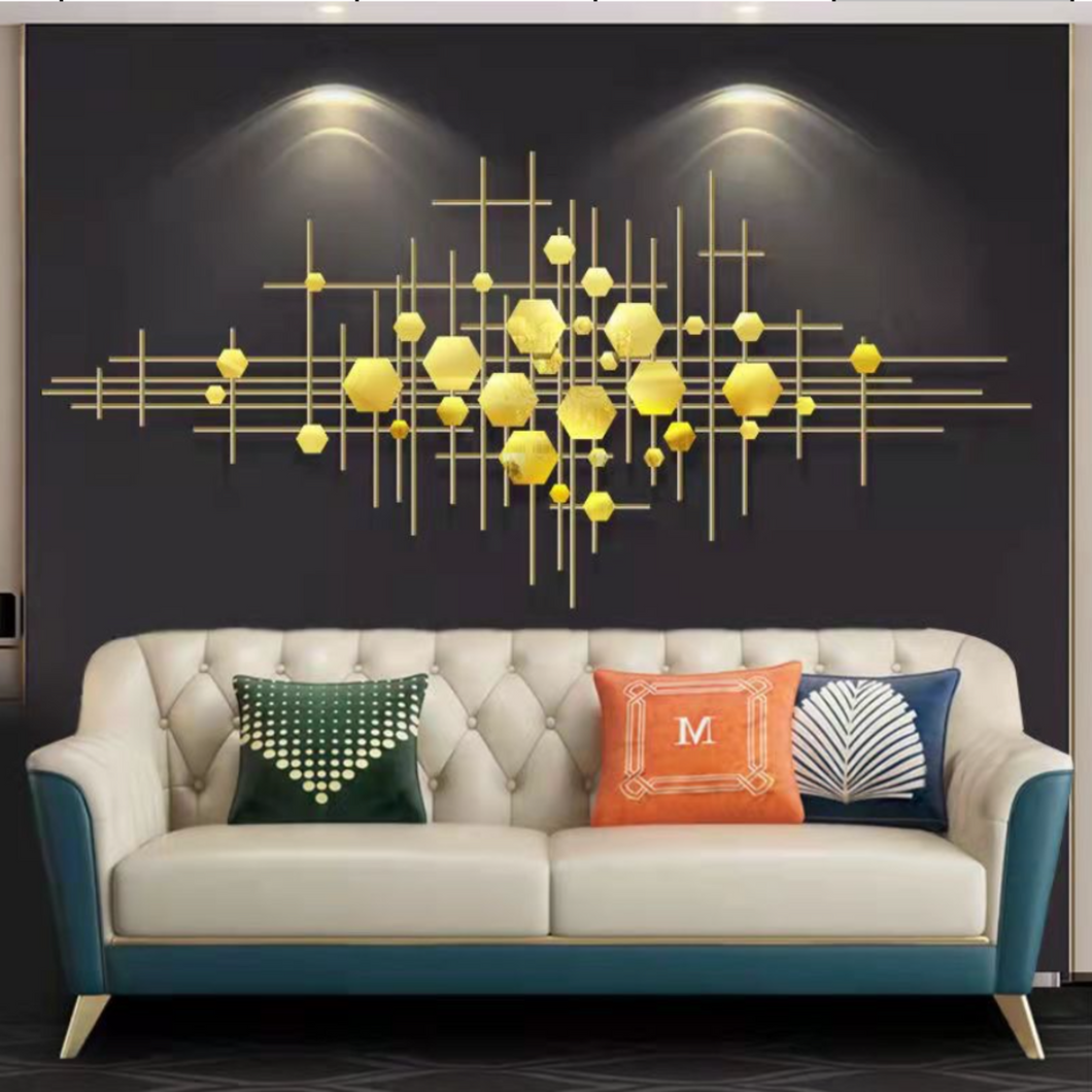 Wall Décor in Golden Metal with Gold Tinted Hexagon Mirrors of Abstract Art in FIVE Feet