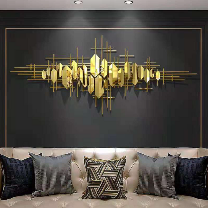 Huge Wall Décor in Golden Metal with Gold Tinted Mirrors of Abstract Art