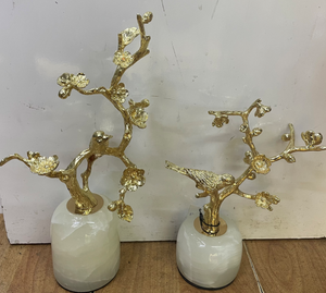 Centre Piece Marble Sculpture in Gold Metal of Birds on Branches