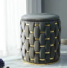 Ottoman Chairs Round in Velvet Material with Stainless Steel Golden Texture