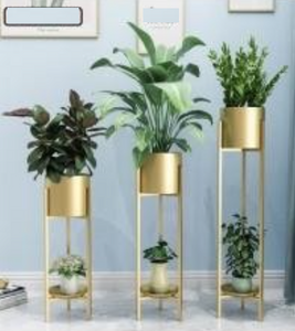 Metal Flower Rack Set of Three Planters / Plant Holder in Gold