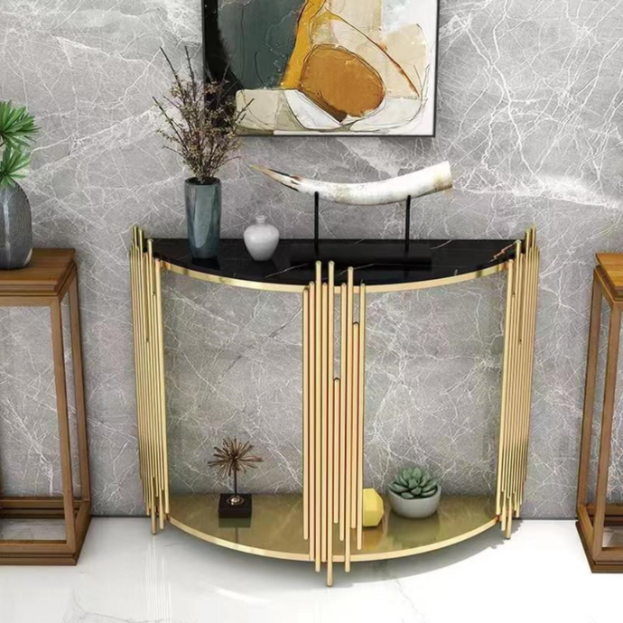 Console Table Marble Top in Gold with Black Marble | Modern