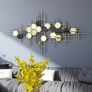 Wall Décor in Golden Metal with Black & Gold Tinted Hexagon Mirrors of Abstract Art