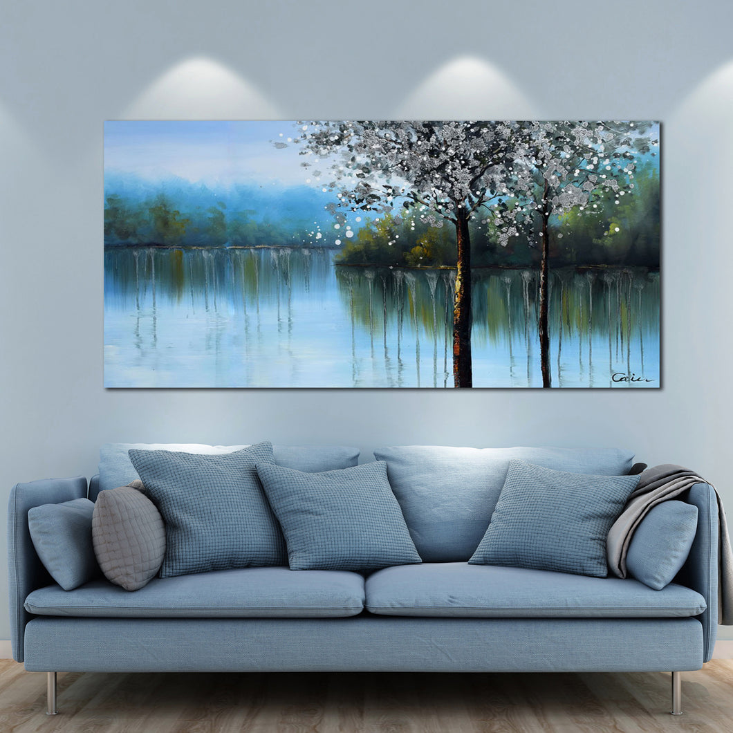 Huge Handmade Oil Painting  of Blue Landscape on Stretched Canvas
