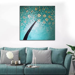 Huge Handmade Oil Painting on Stretched Canvas of Blue Flower Tree