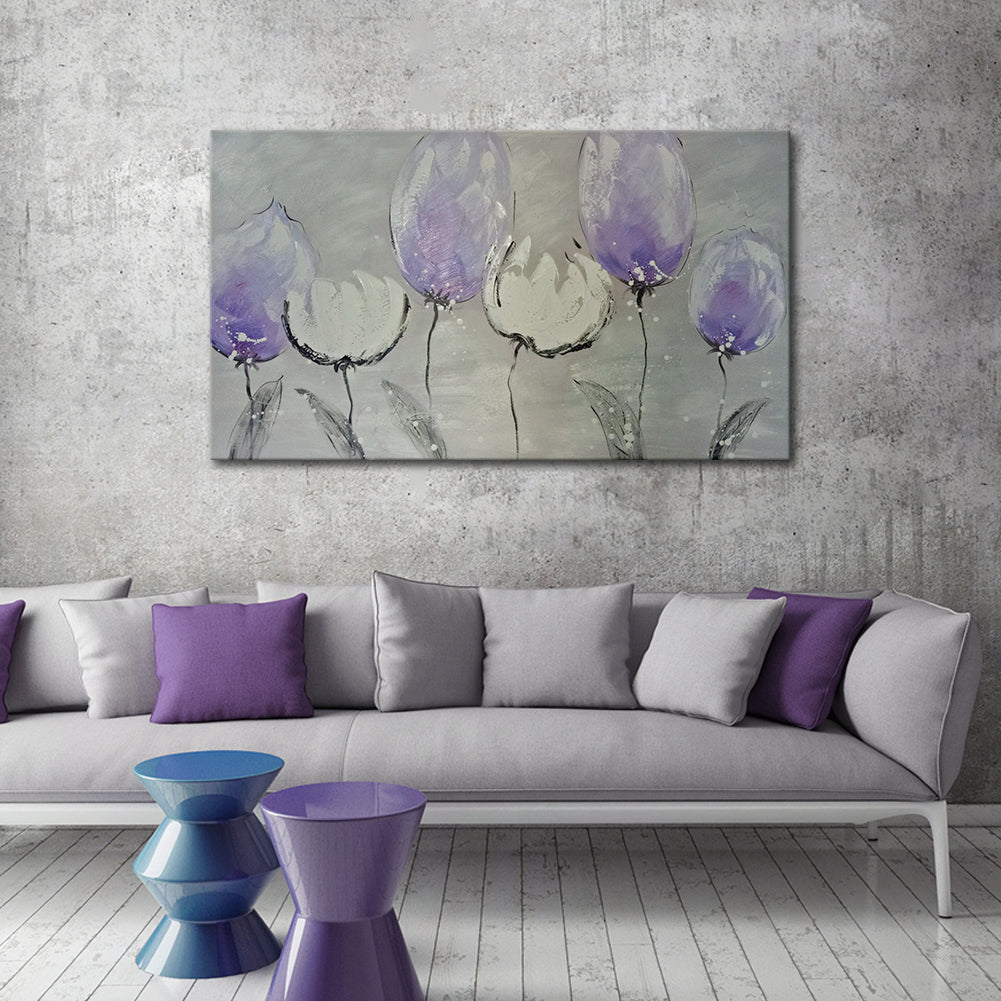 Handmade Oil Painting on Stretched Canvas of Purple Tulip Flowers