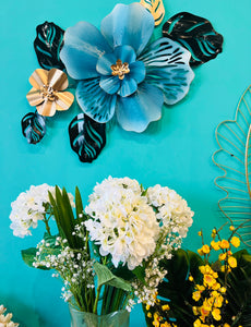 Wall Décor in Turquoise, Gold & Black Metal of Flowers & Leaves