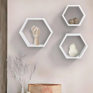 Floating Shelves Hexagon For Wood Wall Decor - Set Of 3  in WHITE Wall Shelves Pieces