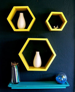 Floating Shelves Hexagon For Wood Wall Decor - Set Of 3  in YELLOW Wall Shelves Pieces