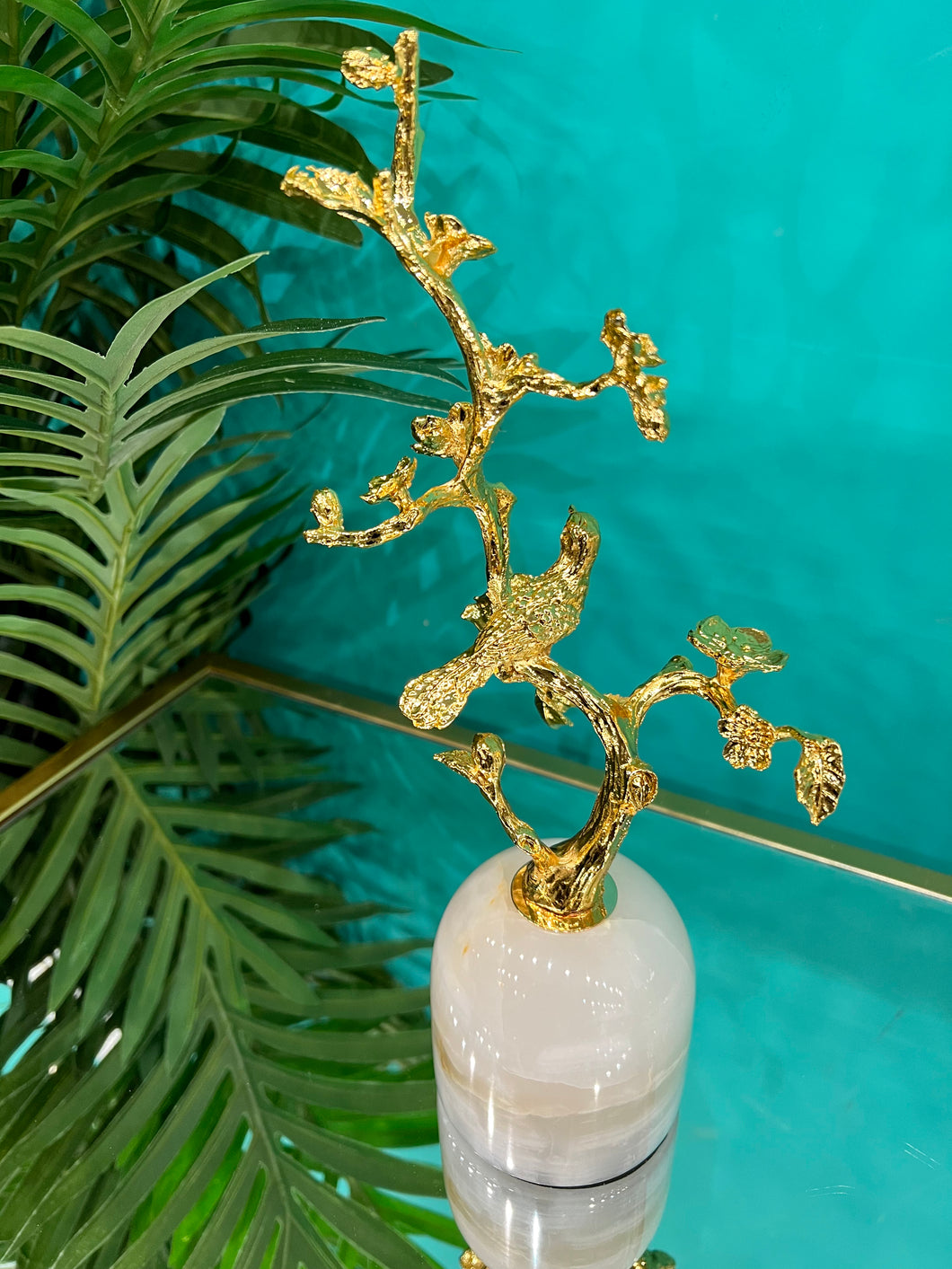 Centre Piece Marble Sculpture in Gold Metal of Birds on Branches