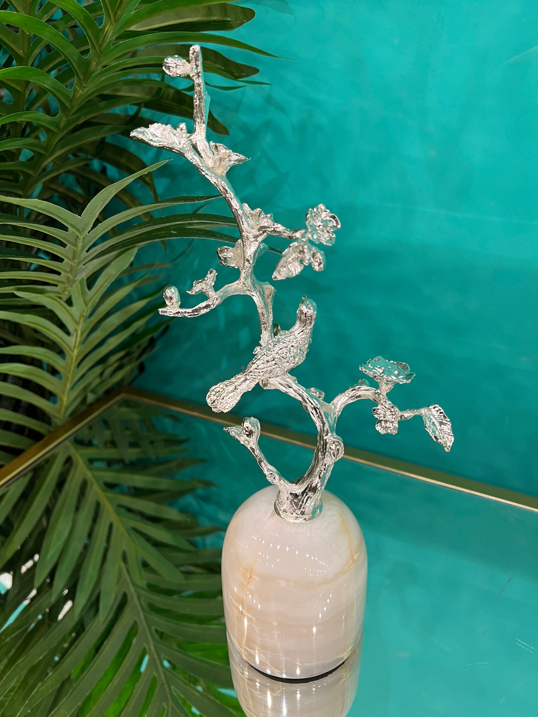 Marble Sculpture Centre Piece in Silver Metal of Birds on Branches