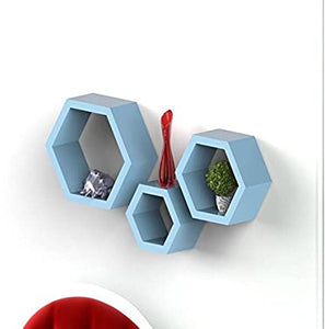 Floating Shelves Hexagon For Wood Wall Decor - Set Of 3  in BLUE Wall Shelves Pieces