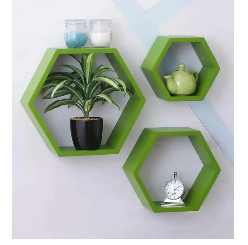 Floating Shelves Hexagon For Wood Wall Decor - Set Of 3  in GREEN Wall Shelves Pieces