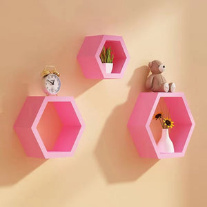 Floating Shelves Hexagon For Wood Wall Decor - Set Of 3  in Pink Wall Shelves Pieces