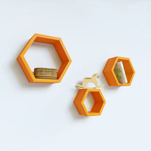Floating Shelves Hexagon For Wood Wall Decor - Set Of 3  in ORANGE Wall Shelves Pieces