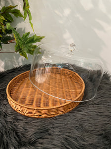 Plate for Cake/Bread with Woven Tray & Acrylic Dome Lid/Cover in Round Shape