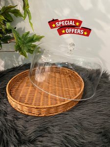 Plate for Cake/Bread with Woven Tray & Acrylic Dome Lid/Cover in Round Shape