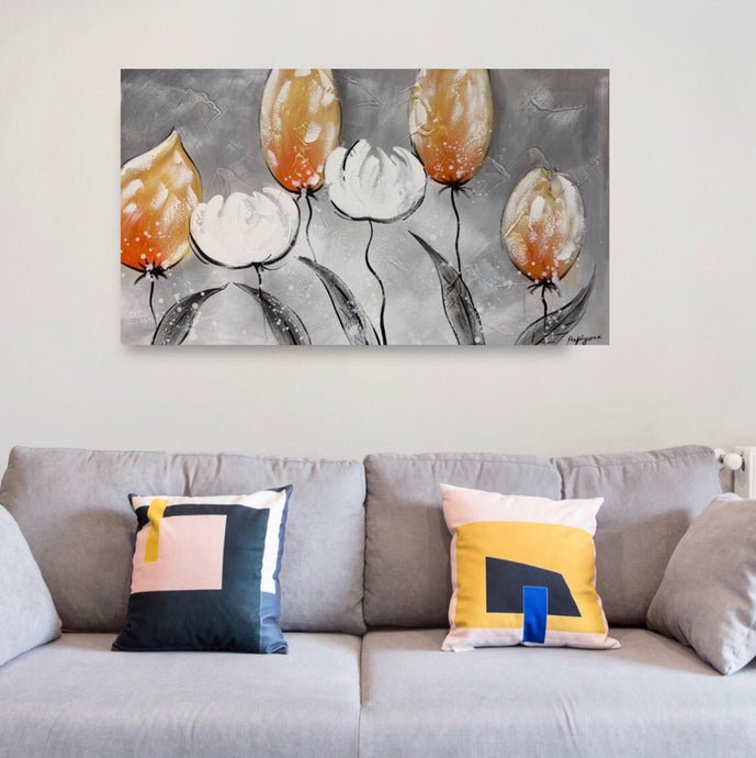 Handmade Oil Painting on Stretched Canvas of Tulip Flowers in Golden Orange