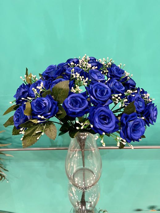 Bouquet Velvet Flower Bunch 24 Mini Roses in BLUE Colour With Stem