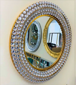 Handcrafted Modern Decorated Round Wall Metal Mirror in Gold With Crystal Stones