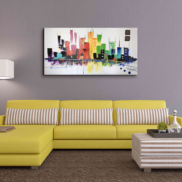 Handmade Oil Painting on Stretched Canvas of Abstract Buildings