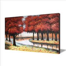 Huge Handmade Oil Painting of River and Red Tree on Stretched Canvas