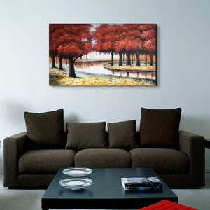 Handmade Oil Painting of River and Red Tree on Stretched Canvas