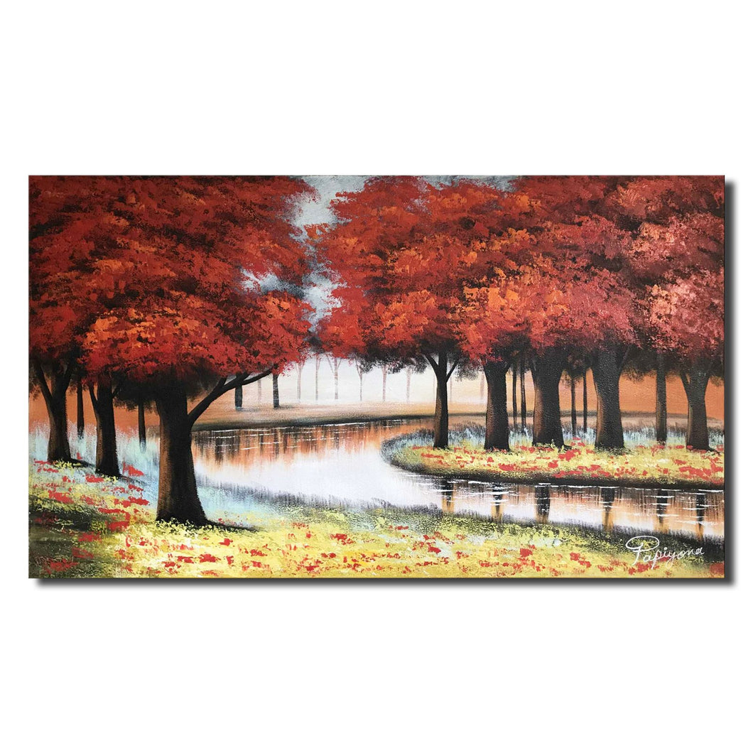 Huge Handmade Oil Painting of River and Red Tree on Stretched Canvas