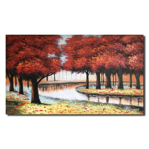 Handmade Oil Painting of River and Red Tree on Stretched Canvas